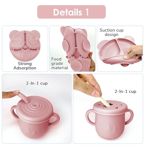 Silicone Baby Feeding Set, 14 Pcs Baby Led Weaning Supplies, Baby Spoons & Forks Suction Bowl Divided Plate Bib Cup, First Stage Solid Food Eating Utensils - 6+ Months (Light pink) Light Pink