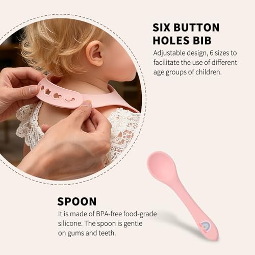 silicone baby feeding set, Baby Led Weaning Supplies，Cutlery Feeding Supplies, Baby Utensils Feeding Essentials for Starting Solids，5 Piece Set (pink) Pink