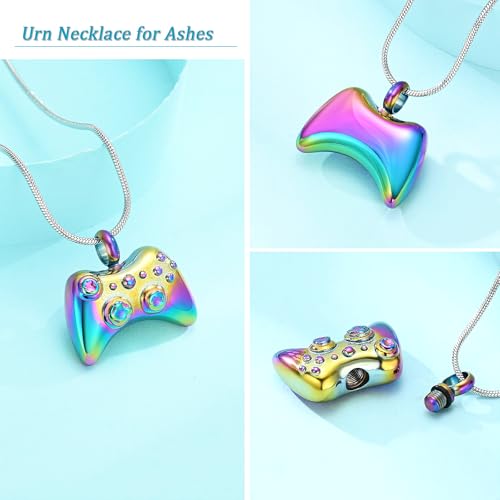 Game Controller Urn Necklace for Ashes Cremation Jewelry Stainless Steel GamePad Pendant Memorial Necklaces Ash Holder for Human Pets Keepsake Jewelry for Loved Ones with Fill Tool Rainbow