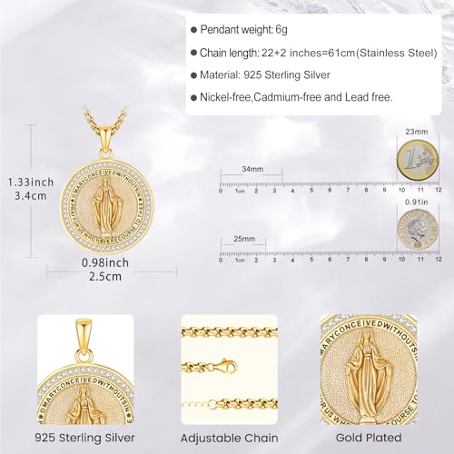 Virgin Mary Necklace Medal for Women, 925 Sterling Silver Saint Mary Mother 18K Gold Plated Catholic Medal Pendant Faith and Divine Amulet Religious Jewelry Gifts Gold Plated St Mary