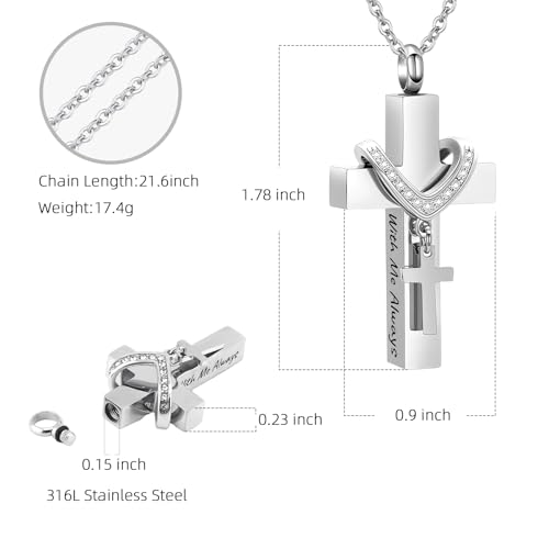 Cremation Jewelry for Ashes Pendant - Cross Urn Necklace with Mini Keepsake Urn Memorial Ashes Jewelry - With Me Always Silver-With Me Always