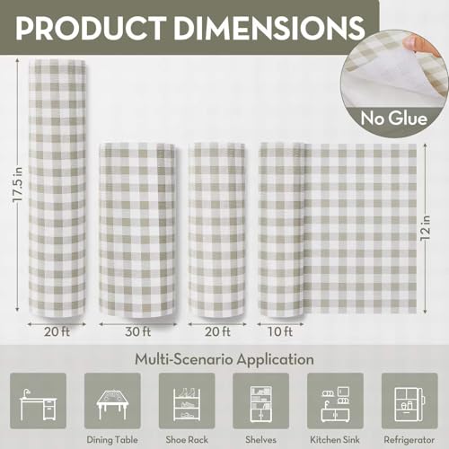 Drawer and Shelf Liner, Non-Slip Kitchen Cabinet Liners Non-Adhesive Thick Strong Grip Waterproof Washable Mats Protect Dresser Shelves Cupboard Bathroom Cabinets, Green Plaid, 12 in X 30 FT 12"W x 360"L