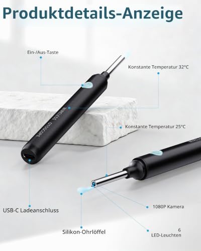 Qimic Visual Ear Cleaner with Camera, 1080P HD WiFi Cleaning Tool, 3.5 mm Lens, 360° Wide Angle, IP67 Waterproof, 6 LEDs, USB-C Charging, Compatible with iOS & Android - Black