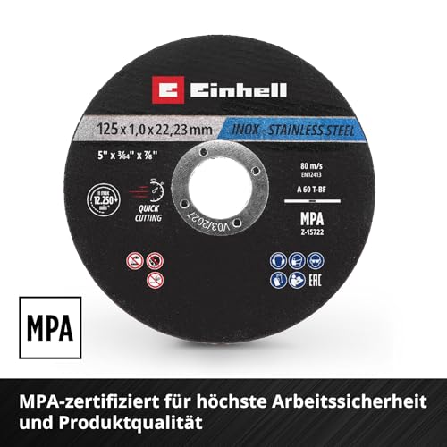Einhell 10-Piece Thin Cutting Discs Stainless Steel Diameter 125 x 1 mm | Precision Cut | Metal Processing | 22.23mm Bore | MPA Certified | Straight Design | Includes Tin 125 x 1,0 mm 10 Stk.