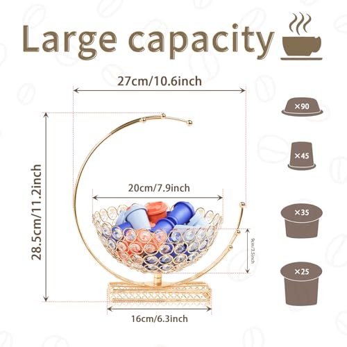 Metal & Crystal Coffee Pod Holder & Candy Basket - Elegant Multipurpose Storage Organizer for K Cups, Espresso Pods, Treats - Kitchen, Office, Home Bar (Gold, 2 PCS) Gold