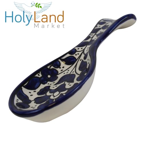 Armenian hand painted cooking Spoon Rest/Ladle Holder - Large with deep Round Cup part - Asfour Outlet Trademark Blue Flowers 8.5 Inches