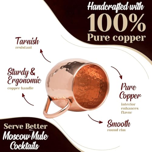 Advanced Mixology Pure Copper Moscow Mule Mugs Set of 4, 19 oz Hand-Hammered Copper Cocktail Mugs with Reusable Straws, Jigger & Coasters, Ideal for Home Bars, Restaurants & Events.