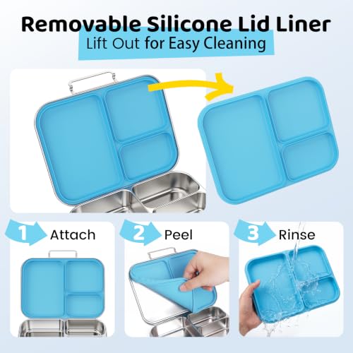 Pawtong Stainless Steel Bento Box for Kids and Adults, 3 Compartment Leakproof Lunch Box with Removable Silicone Seal and Silicone Contianer, Metal Lunch Container for School, Work and Travel (Blue) Blue