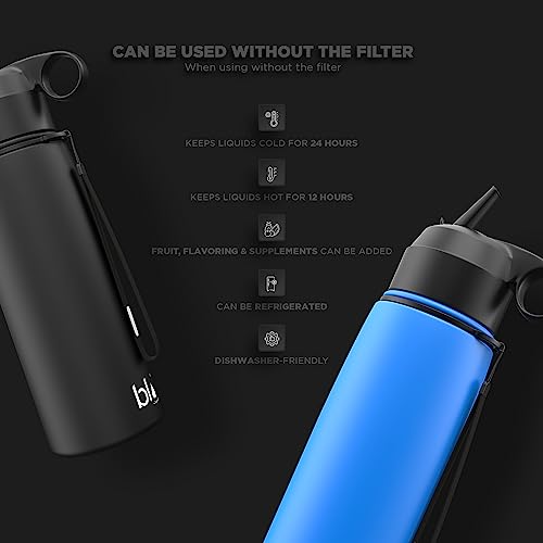 BLU All-in-ONE | Vacuum Insulated Stainless Steel Water Bottle Flask with a Filter (26oz) | Made in The USA | Removes 99.99% contaminants (Regular - Black) Bottle with Regular Filter