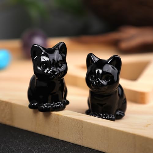Rockcloud 2PCS Black Obsidian Hand Carved Crystal Sitting Cat Statues 1.5"