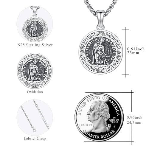 Saint Florian Necklace 925 Sterling Silver St Florian Necklace Religious Protector Amulet Jewellery Gift for Men Women Firefighters 20+2 inch