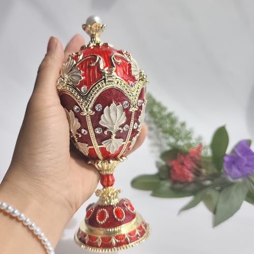 Enamel Big Pearl Easter Egg Figurine Jewelry Box Faberge Egg Hand Painted Trinket Container Ornamental For Home & Office Decor Red