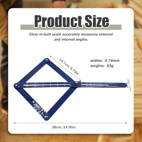 Pcmursal blue corner angle finder tool with miter saw protractor, scale, and digital angle finder display
