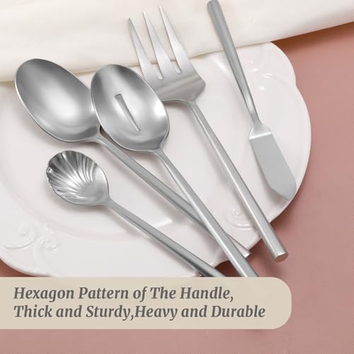 DEACORY 5-piece stainless steel matte silverware set with thick, heavy hexagon-shaped cutlery and serving utensils.