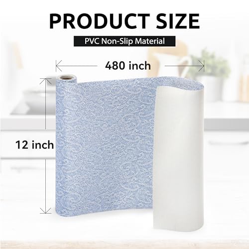 FIFTY FEET 12X480 Inch Shelf Liner with Scissor & Tape Measure for Kitchen Cabinets, PVC Drawer Liner for Dresser Non-Slip Bathroom, Non-Adhesive Cabinet Liner Washable (Pale Blue) Pale Blue 12"W x 480"L