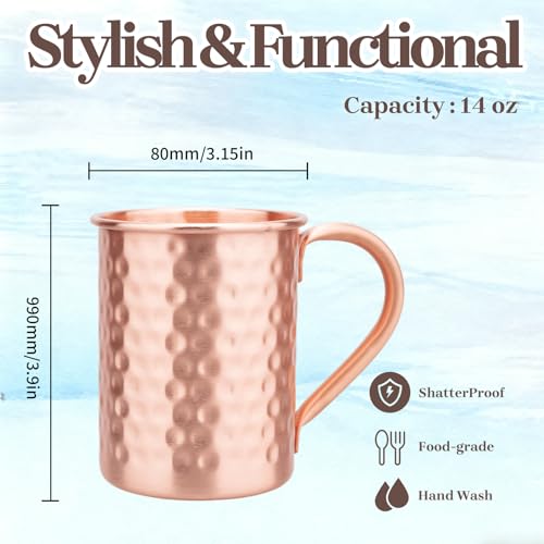 100% Pure Copper Mugs Set of 2,Moscow Mule Mugs with Handle 14oz 2 count