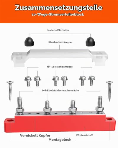 Busbar Distribution Block 12V 150A Power Distributor Pack of 2 | 6 x M4 and 4 x M6 Terminal Bolts, 12 V Distribution Block with Cover, for Car Boat Marine Solar RV DC Copper Set 6 x M4 & 4 x M6 Klemmenbolzen