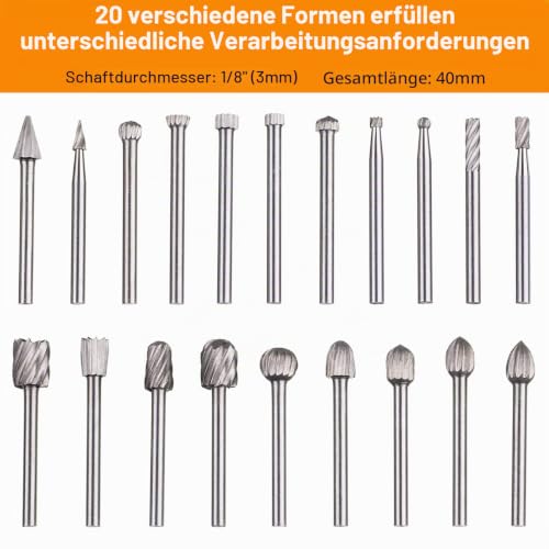 HPMAISON 20-Piece HSS Rotary Cutter Set for Rotary Tool, 3 mm Shank Wood Carving Drill Bit Set for DIY Woodworking, Carving, Engraving, Drilling 20-Piece 3 mm Shank Wood Carving Drill Bit Set