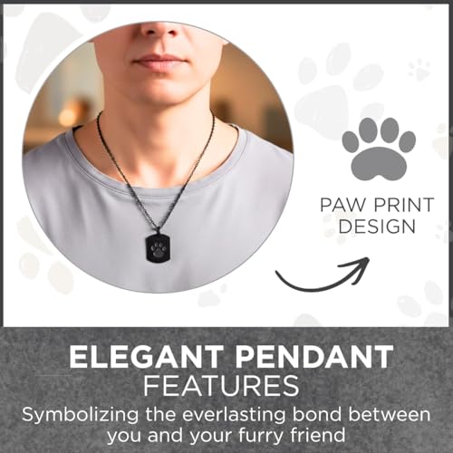 Black Paw Print Urn Necklace with Funnel Kit – Stainless Steel Cremation Jewelry for Ashes, 55cm Chain, Discreet Hollow Keepsake Pendant for Pet or Loved One