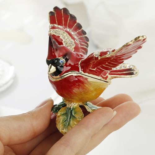 Hand Painted Enamel Cardinal Trinket Box for Home Decor, Unique Keepsake Collectible Figurine Jewelry Organizer Storage, Personalized Elegant Handmade Statue Decorative Ornament Gifts (Red Cardinal) Red Cardinal