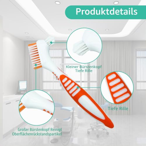 2 Pack Denture Toothbrush, Mini Toothbrush, Double Angle Brush Head, Portable Ergonomic Denture Cleaning Brush, Dental Device (Green + Orange) Green + Orange