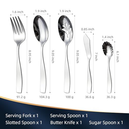 Set of five stainless steel serving utensils in a silver finish, including spoons and tongs, by Citesana.