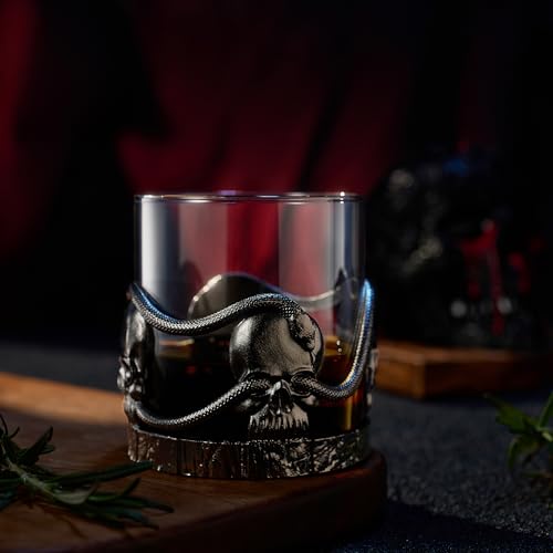 Skull & Snakes Pewter Glasses Set of 2, 12.5oz Gothic Whiskey, Wine, Beer & Water Cups, Spooky Crystal Old Fashioned Tumblers, Elegant Barware Gifts for Men & Women, Haunted Skull Decor Gift Skull and Snakes