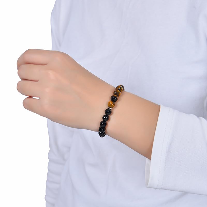 Triple Protection Healing Crystal Beaded Bracelet – Tiger Eye, Black Tourmaline & Hematite Natural Stone Jewelry – Strength & Positive Energy Gift for Men & Women – Christmas & Anniversary