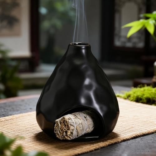 Palo Santo Sticks Holder Ceramic Incense Burner Holder Smudge Bowl for Sage Incense Cone Yoga Spiritual Meditation Room Home Decor Gift Mini Chiminea Ash Catcher Black