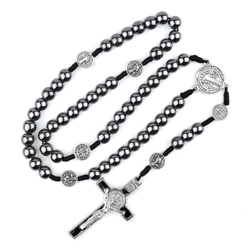 Rosary Black Beads Necklace Saint Benedict Catholic Rosary BeadsMetal Crucifix Cross Christian Gifts with Gift Velvet Bag 01-8mm Black Hematite Rosary