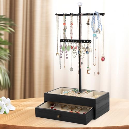 Meangood Jewelry Organizer Stand, 3-Tier Necklace Holder Jewelry Tree with Wooden Storage Drawer Box for Necklace Bracelet Earring Ring,Black Dark Black