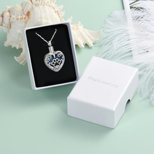 Yinplsmemory Pet Urn Necklace Pendant Jewelry for Dog Cat Memorial Crystal Heart Cremation Jewelry with Paw Print Ashes Keepsake Funeral Jewelry Silver-blue