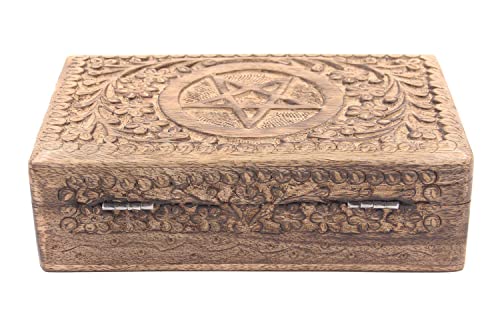 DharmaObjects Pentagram Star Carved Jewelry Trinket Keepsake Wooden Storage Box (Pentagram, Large)