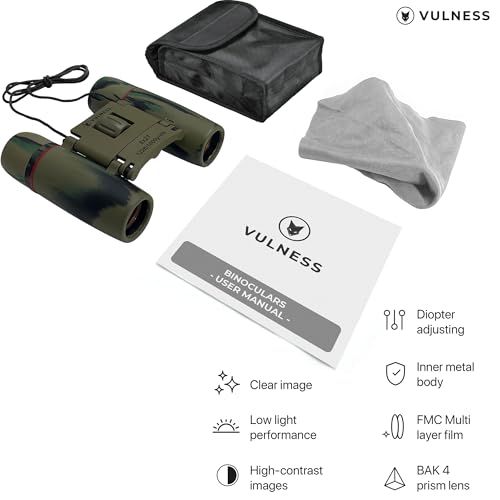 VULNESS Binoculars for Adults, Small Mini Travel Essentials, 8X21, Camo