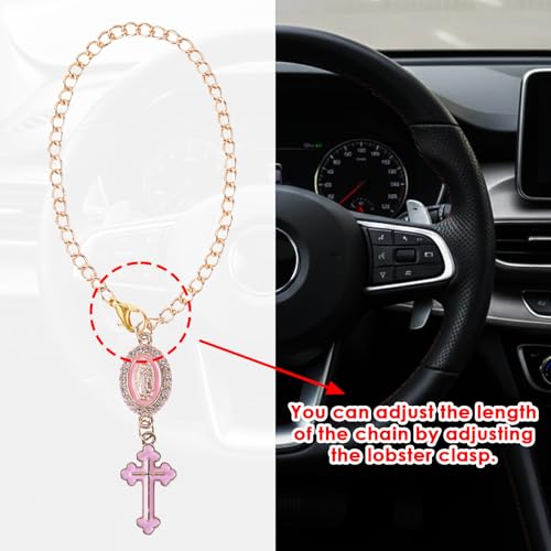 Rosary Car Charm Catholic Cross Virgin Mary Mirror Hanging Pink