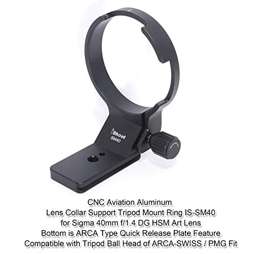 iShoot Lens Tripod Mount Ring for Sigma 40mm f/1.4 DG HSM Art Lens, CNC Machined Aviation Aluminum Lens Collar Support Bracket Holder, Bottom is ARCA-SWISS Fit Quick Release Plate for Tripod Ball Head