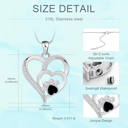 Pet Cremation Jewelry Heart Urn Necklace for Dog Cat Ash Keepsake Crystal Silver