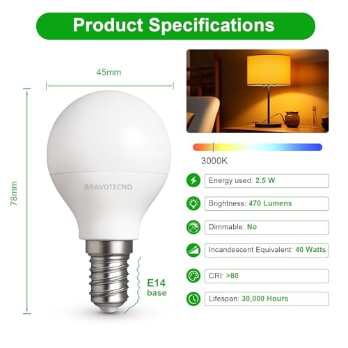 E14 LED Light Bulb, Energy Class B, E14 LED Warm White, 3000 K, 2.5 W, 470 LM, G45/P45 Warm White Bulb, Equivalent to 40 W, 360° Beam Angle, Non-Dimmable, Low Heat & Durable, Pack of 6 6 pieces