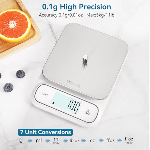 BOMATA Waterproof IPX6 Kitchen Scale with 0.1g High Precision, 5kg capacity 0.1g\5kg Non-rechargeable White