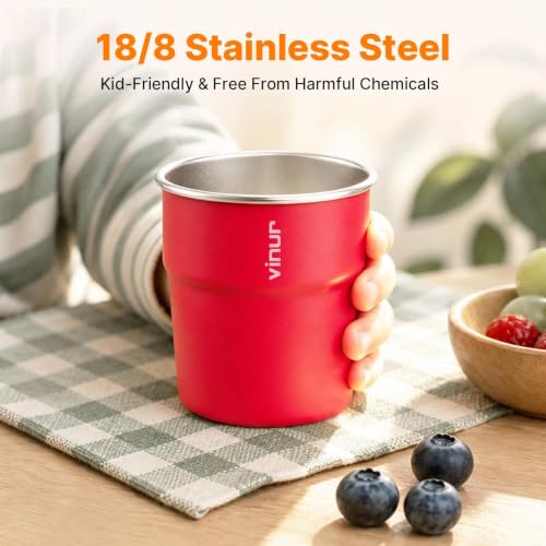 Stainless Steel Cups for Kids-8 oz Stackable Metal Drinking Glasses 8 Pcs Black-Grass Green-Navy-Canyon Red-Sky Blue-Purple-Purple Pink-Blue 8 Pack