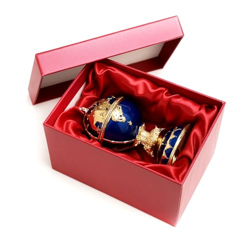 Blue and gold enameled decorative globe jewelry box with world map design, perfect for storing trinkets and jewelry.