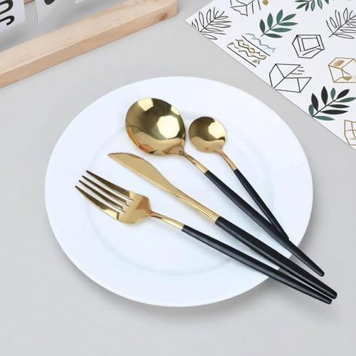 24-Piece Black Golden Flatware Set, Gold Silverware Set for 6, 18/0 Stainless Steel Knife Fork Spoon Teaspoon Silverware Set (Black Golden)