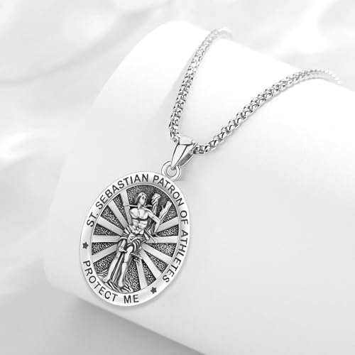 St Sebastian Medal Necklace for Men Women, 925 Sterling Silver Patron Saint Medal Necklace Catholic Protection Pendant Amulet Religious Jewelry Gifts Silver St. Sebastian