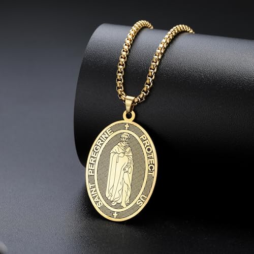 VASSAGO Stainless Steel Saint Peregrine Necklace for Men Women - Patron Saint of Hope Healer of the Afflicted Pendant Religious Christian Catholic Jewelry Gold