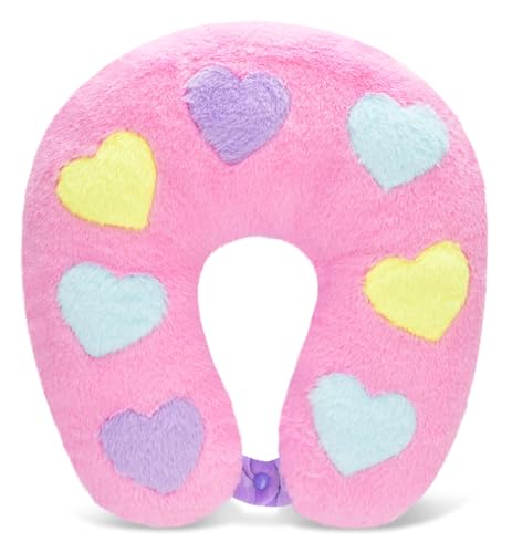 iscream Plush Furry 13" Neck Support Pillow for Comfort and Travel - Color Block Hearts