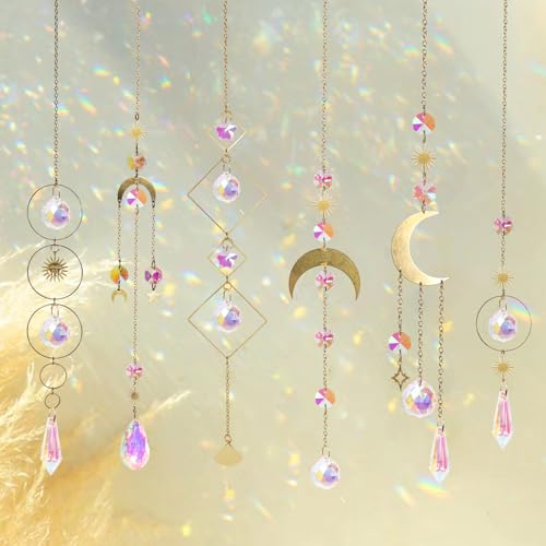 6pcs Crystal Suncatcher, Sun Catcher Hanging for Windows, Spiritual, Rainbow Maker, Crystal Indoor Garden Home Decor,Gemstone Prism（Set 2） Set 2