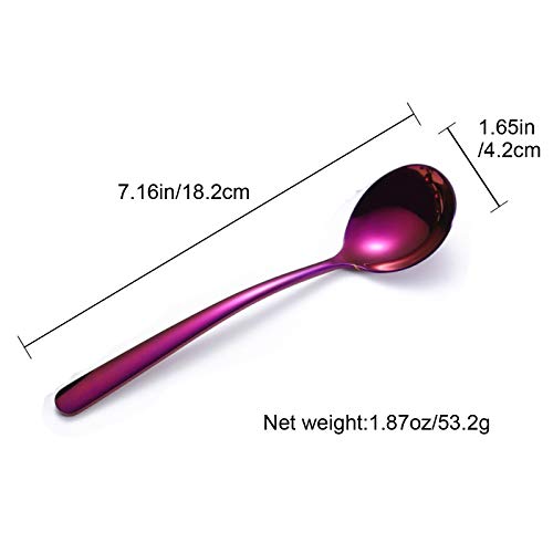 Soup Spoons 6-Pack 18/10 Stainless Steel Large and Heavy Duty Round Spoons Elegance Series 7 Inch Long 1.9 Ounces Weight by IRONX(purple soup spoons)