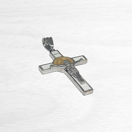 Unique Saint Benedict Crucifix - Two Tone Gold and Silver Color Stainless St Benedict Cross Necklace White