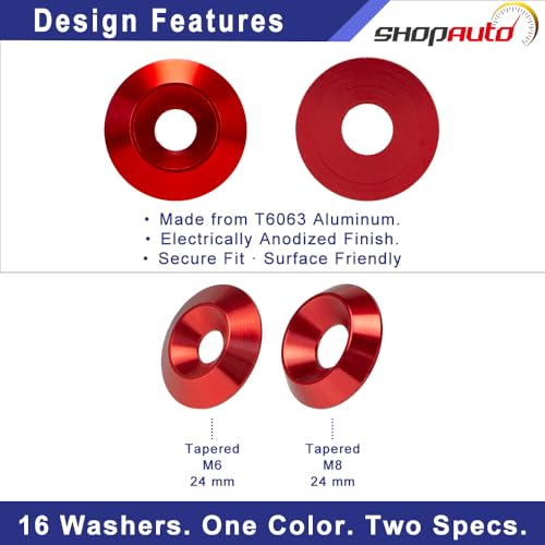 Red Shopauto aluminum tapered washer 16-piece kit, 24mm OD, M6 and M8 flat washers