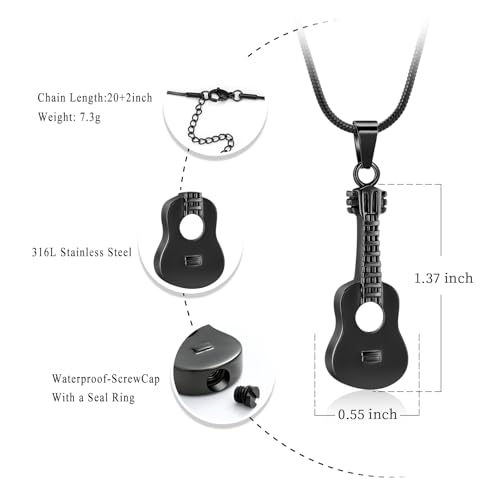 Oinsi Guitar Urn Necklace for Ashes Cremation Pendants Jewelry Ashes Holder Memorial Urn Necklace Cremation Jewelry for Human with Filling Kits Black